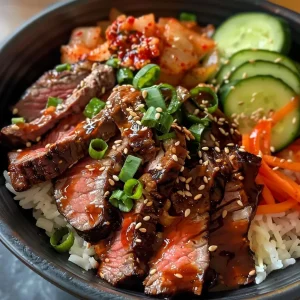 ['Close-up view of Korean BBQ Steak Rice Bowl with vibrant toppings and creamy sauce.', 'Juicy steak slices atop rice with colorful vegetables and spicy cream drizzle.', 'Detailed shot of a rice bowl featuring Korean BBQ steak, garnished with green onions and sesame seeds.', 'Side view of a Korean BBQ Steak Rice Bowl, showcasing marinated meat and fresh ingredients.']