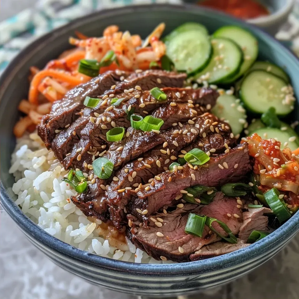 ['Close-up view of Korean BBQ steak rice bowl with vibrant vegetables and creamy sauce.', 'Juicy flank steak over jasmine rice, topped with carrots and cucumber in a spicy cream sauce.', 'Korean BBQ steak rice bowl featuring sliced steak, colorful veggies, and a drizzle of spicy sauce.', 'Appetizing Korean BBQ rice bowl with tender steak, fresh greens, and a creamy sriracha dressing.']