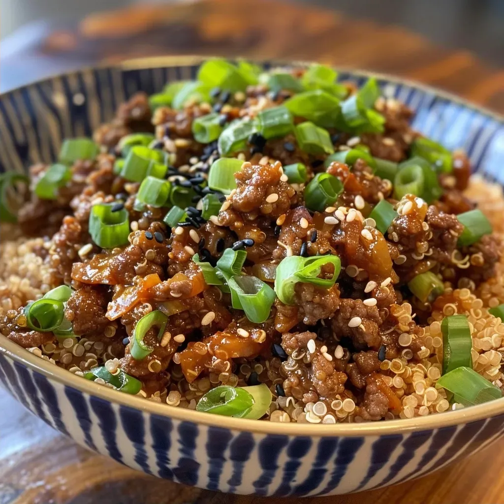 ['Juicy Korean beef and quinoa bowl topped with sliced green onions.', 'Close-up of a vibrant quinoa bowl with ground beef and garlic.', 'Side view of a delicious Korean beef dish with colorful ingredients.', 'Mouth-watering Korean beef served over fluffy quinoa with herbs.']