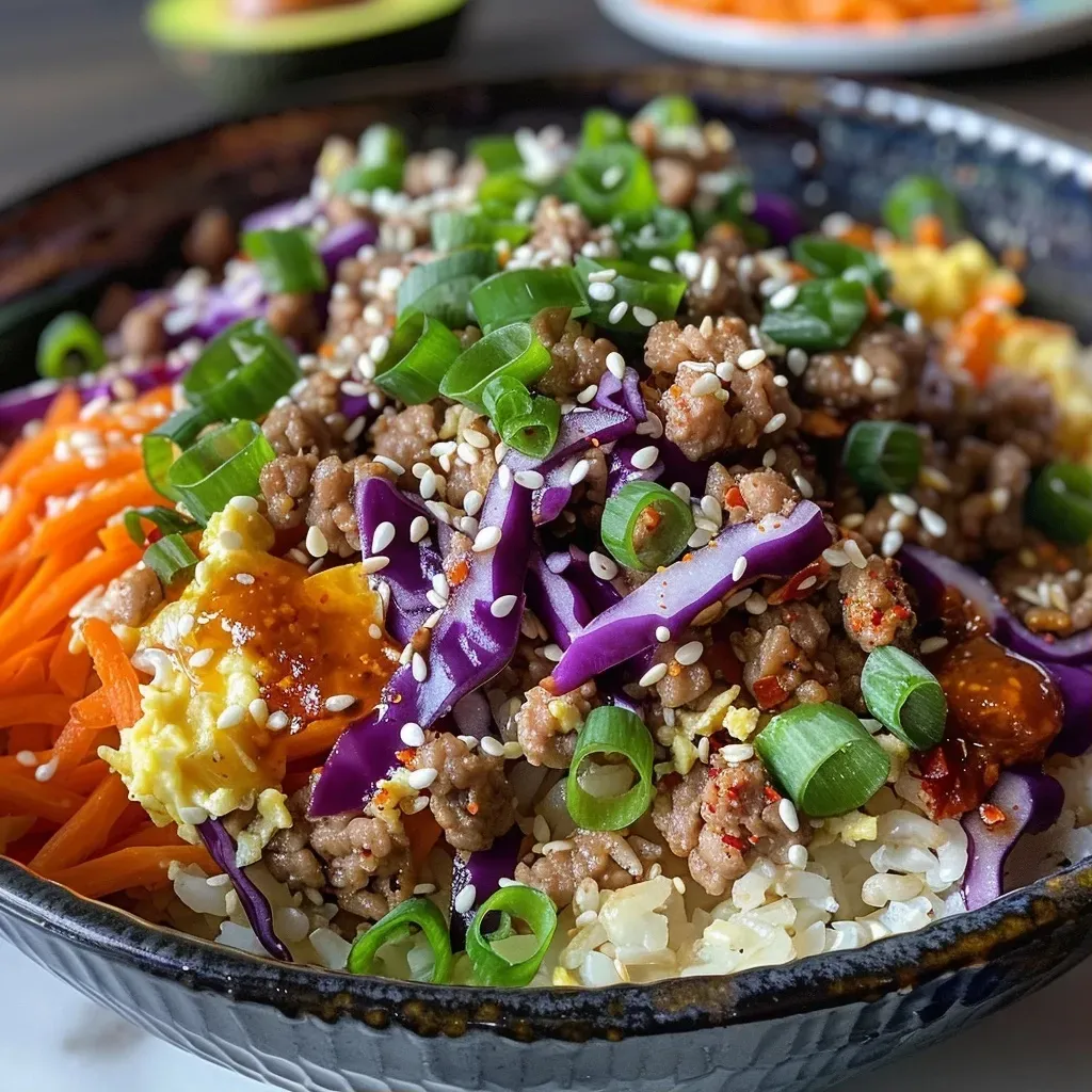 ['Close-up view of colorful Korean Fried Rice with ground beef and vegetables.', 'Juicy Korean Fried Rice topped with fried eggs and avocado slices.', 'Side view of a vibrant plate of Korean Fried Rice garnished with sesame seeds and scallions.', 'Bowl of delicious Korean Fried Rice featuring red cabbage and optional kimchi.']