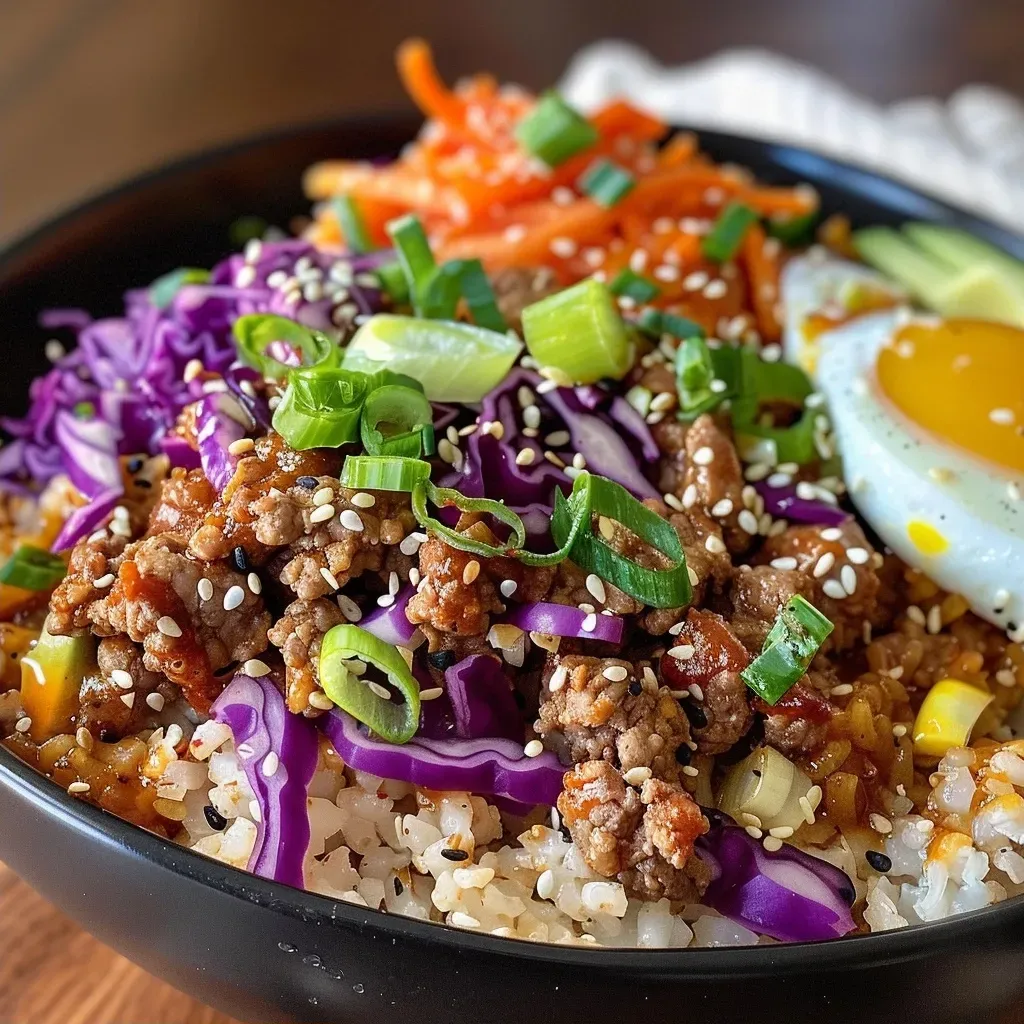 ['Close-up view of colorful Korean Fried Rice with ground beef and vegetables.', 'Juicy Korean Fried Rice topped with fried eggs and avocado slices.', 'Side view of a vibrant plate of Korean Fried Rice garnished with sesame seeds and scallions.', 'Bowl of delicious Korean Fried Rice featuring red cabbage and optional kimchi.']