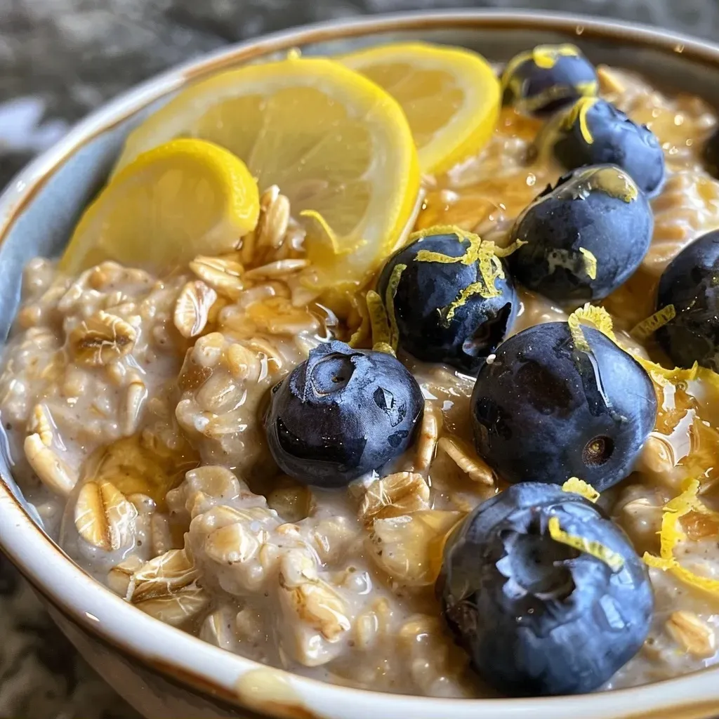 ['Close-up side view of a bowl of lemon-blueberry overnight oats with fresh blueberries on top.', 'A detailed look at lemon-blueberry overnight oats featuring vibrant blueberries and lemon zest.', 'Side view of overnight oats in a glass jar, showcasing layers of blueberries and lemon zest.', 'Close-up shot of creamy lemon-blueberry overnight oats topped with ripe blueberries and lemon zest.']