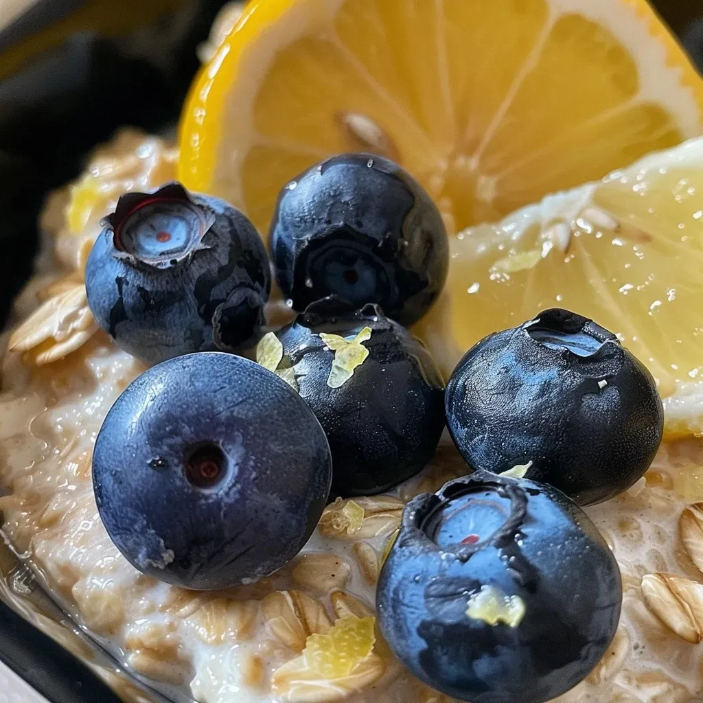 ['Close-up side view of a bowl of lemon-blueberry overnight oats with fresh blueberries on top.', 'A detailed look at lemon-blueberry overnight oats featuring vibrant blueberries and lemon zest.', 'Side view of overnight oats in a glass jar, showcasing layers of blueberries and lemon zest.', 'Close-up shot of creamy lemon-blueberry overnight oats topped with ripe blueberries and lemon zest.']