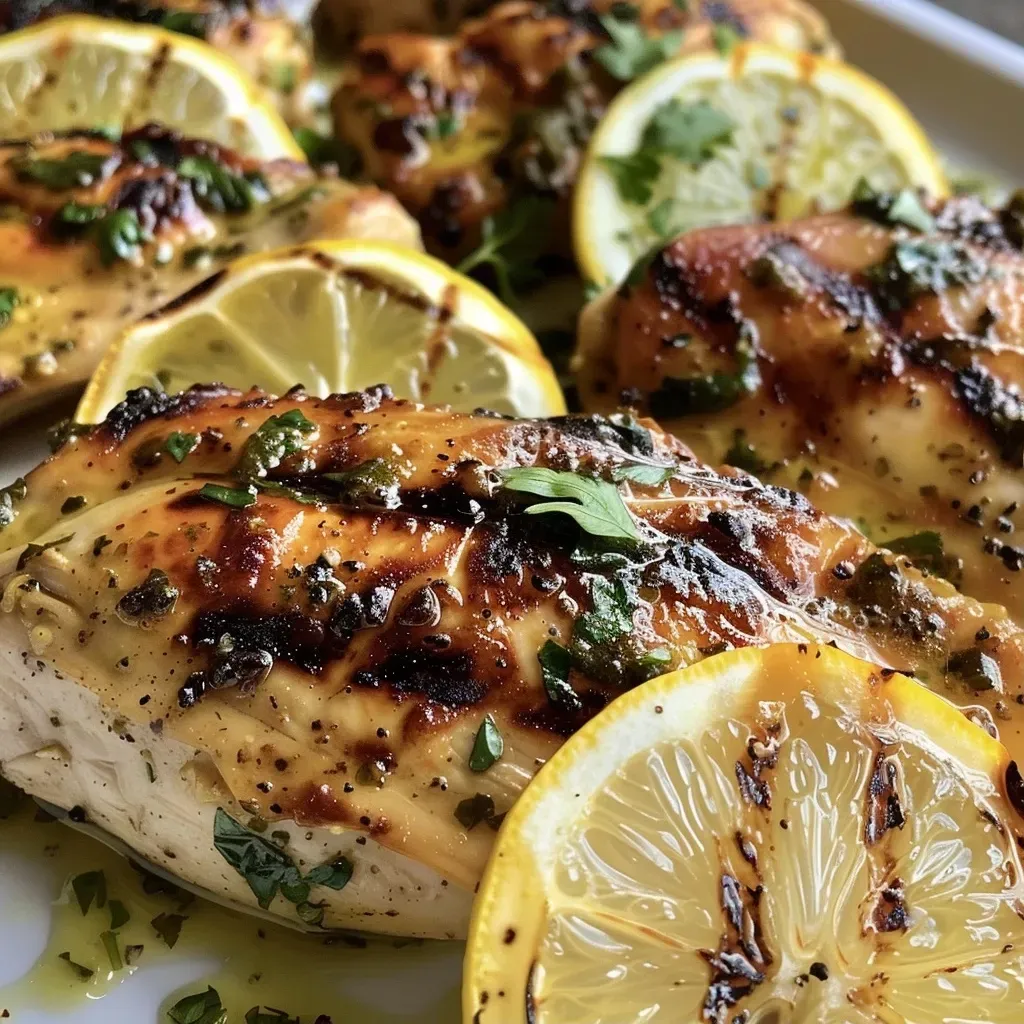 ['Close-up view of grilled chicken garnished with herbs and lemon slices, served with garlic butter rice.', 'Juicy lemon herb grilled chicken with a golden-brown crust, displayed beside fluffy garlic butter rice.', 'A plate featuring grilled chicken marinated in lemon and herbs, alongside aromatic rice with garlic.', 'Side view of a succulent lemon herb chicken breast with garlic butter rice, showcasing fresh ingredients.']