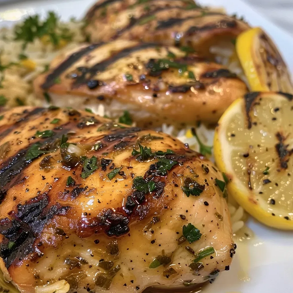 ['Close-up view of grilled chicken garnished with herbs and lemon slices, served with garlic butter rice.', 'Juicy lemon herb grilled chicken with a golden-brown crust, displayed beside fluffy garlic butter rice.', 'A plate featuring grilled chicken marinated in lemon and herbs, alongside aromatic rice with garlic.', 'Side view of a succulent lemon herb chicken breast with garlic butter rice, showcasing fresh ingredients.']