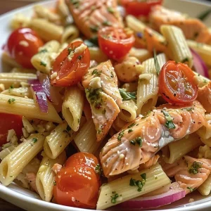 ['Close-up of a colorful Lemon Salmon Pasta Salad featuring cherry tomatoes and fresh basil.', 'Side view of Lemon Salmon Pasta Salad with vibrant ingredients like red onion and parmesan.', 'Juicy Lemon Salmon Pasta Salad showcasing penne pasta, salmon, and a drizzle of olive oil.', 'Detailed view of a freshly made Lemon Salmon Pasta Salad served in a bowl.']