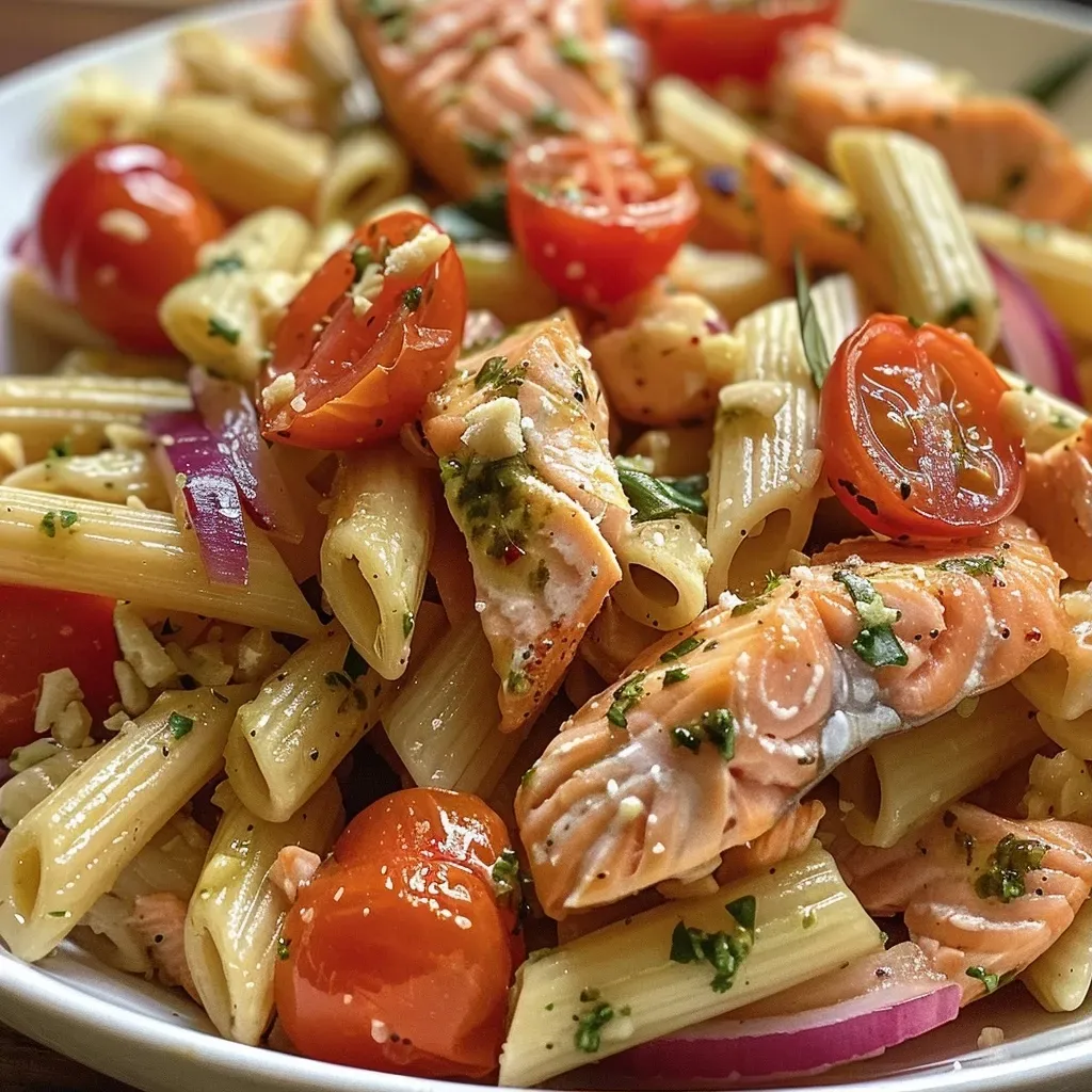 ['Close-up of a colorful Lemon Salmon Pasta Salad featuring cherry tomatoes and fresh basil.', 'Side view of Lemon Salmon Pasta Salad with vibrant ingredients like red onion and parmesan.', 'Juicy Lemon Salmon Pasta Salad showcasing penne pasta, salmon, and a drizzle of olive oil.', 'Detailed view of a freshly made Lemon Salmon Pasta Salad served in a bowl.']