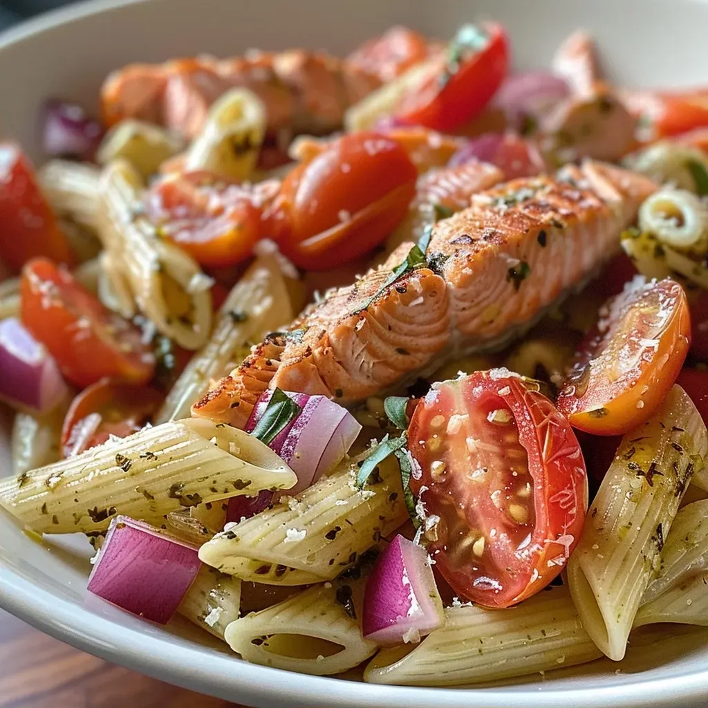['Close-up of a colorful Lemon Salmon Pasta Salad featuring cherry tomatoes and fresh basil.', 'Side view of Lemon Salmon Pasta Salad with vibrant ingredients like red onion and parmesan.', 'Juicy Lemon Salmon Pasta Salad showcasing penne pasta, salmon, and a drizzle of olive oil.', 'Detailed view of a freshly made Lemon Salmon Pasta Salad served in a bowl.']