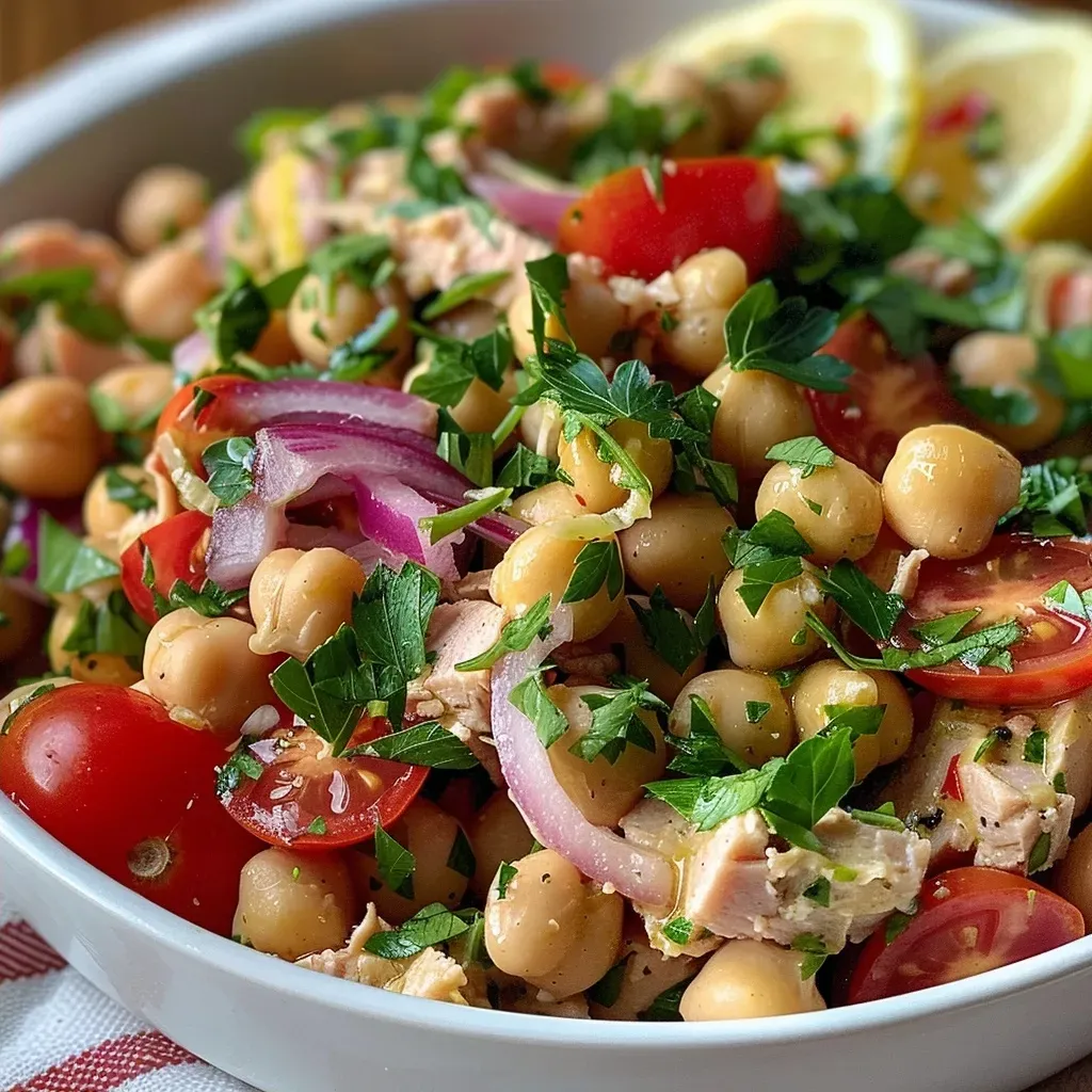 ['A close-up view of a colorful Lemony Chickpea and Tuna Salad in a bowl.', 'Side view of a vibrant salad featuring chickpeas, tuna, and fresh herbs.', 'Close-up image of a refreshing salad with chickpeas, tomatoes, and lemon dressing.', 'Detail shot of a nutritious Lemony Chickpea and Tuna Salad garnished with herbs.']