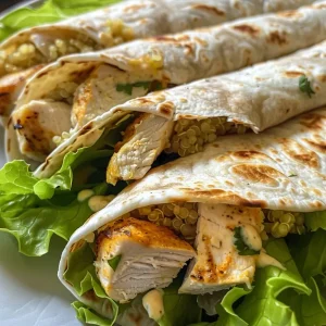 Side view of a juicy Low FODMAP Chicken Ranch Wrap loaded with greens and quinoa.