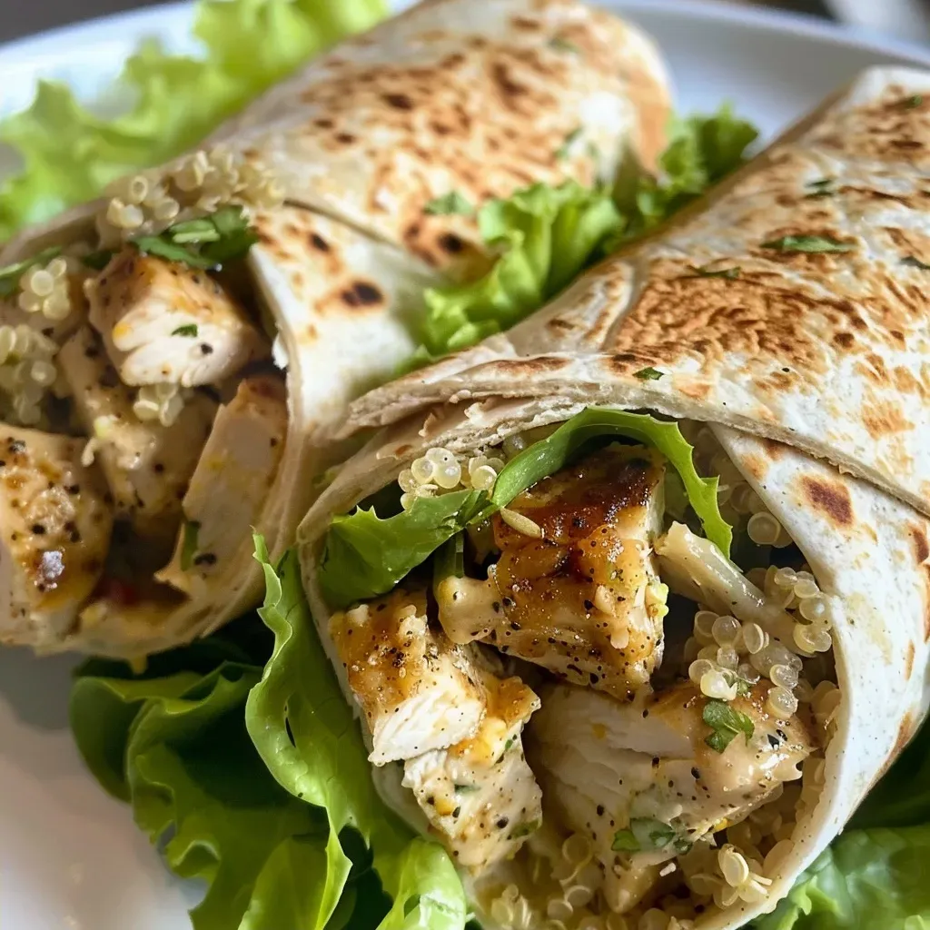 Side view of a juicy Low FODMAP Chicken Ranch Wrap loaded with greens and quinoa.