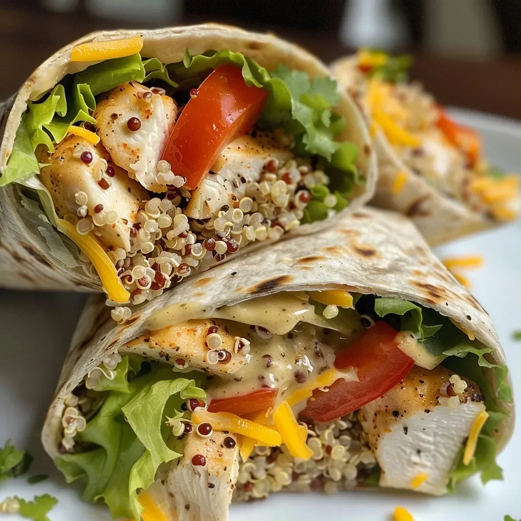 ['Close-up shot of a quinoa chicken ranch wrap with fresh ingredients.', 'Side view of a quinoa chicken ranch wrap showcasing its vibrant filling.', 'Detailed image of a juicy chicken wrap filled with quinoa and vegetables.', 'Close-up of a gluten-free wrap with chicken, quinoa, and ranch dressing.']