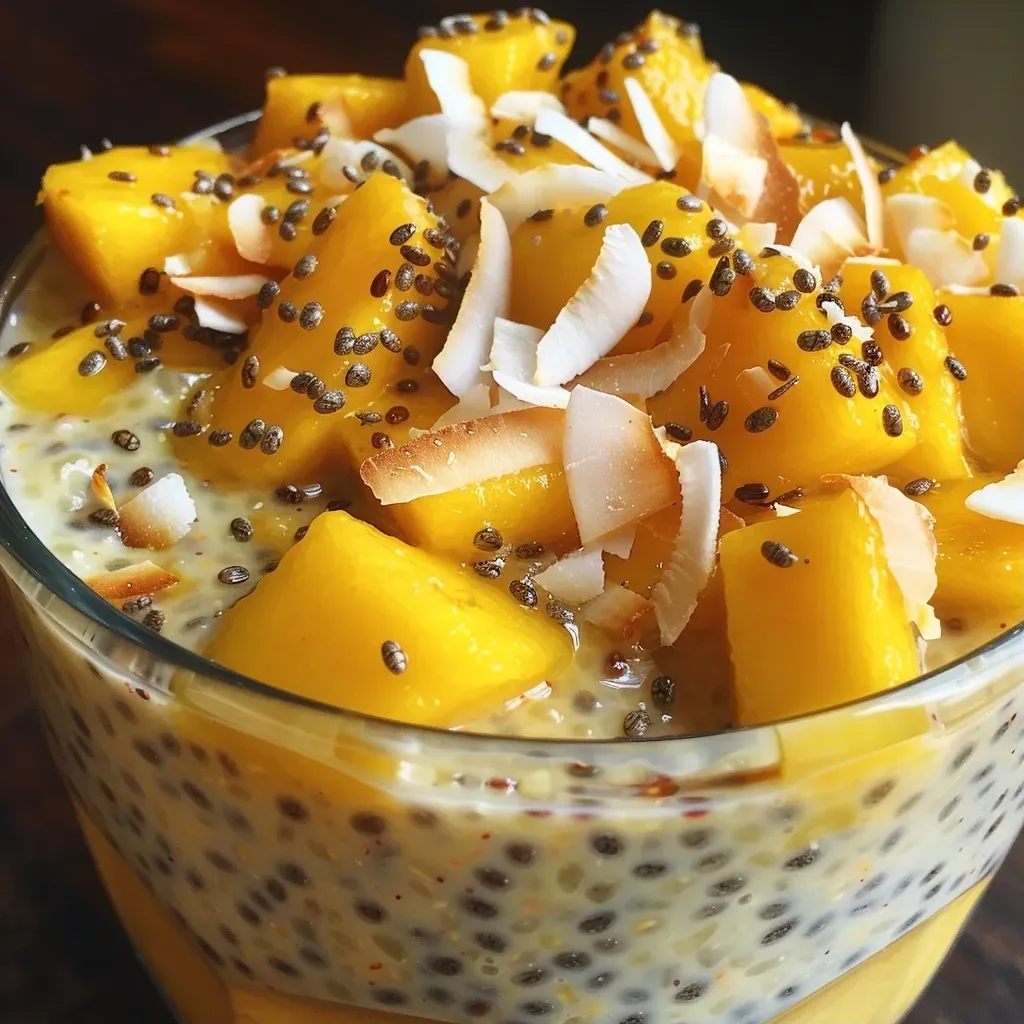 ['A close-up view of mango coconut chia pudding topped with toasted coconut flakes and fresh mango.', 'Side view of a creamy chia pudding featuring mango and coconut, garnished with coconut flakes.', 'Detailed photo of a delicious mango coconut chia pudding, showcasing its texture and toppings.', 'Close-up shot of layered mango coconut chia pudding with fresh mango pieces and toasted flakes.']
