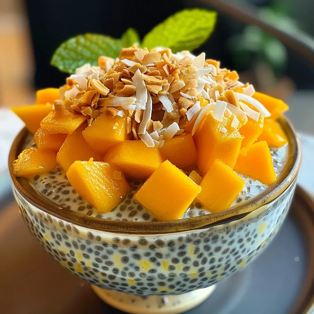 ['A close-up view of mango coconut chia pudding topped with toasted coconut flakes and fresh mango.', 'Side view of a creamy chia pudding featuring mango and coconut, garnished with coconut flakes.', 'Detailed photo of a delicious mango coconut chia pudding, showcasing its texture and toppings.', 'Close-up shot of layered mango coconut chia pudding with fresh mango pieces and toasted flakes.']