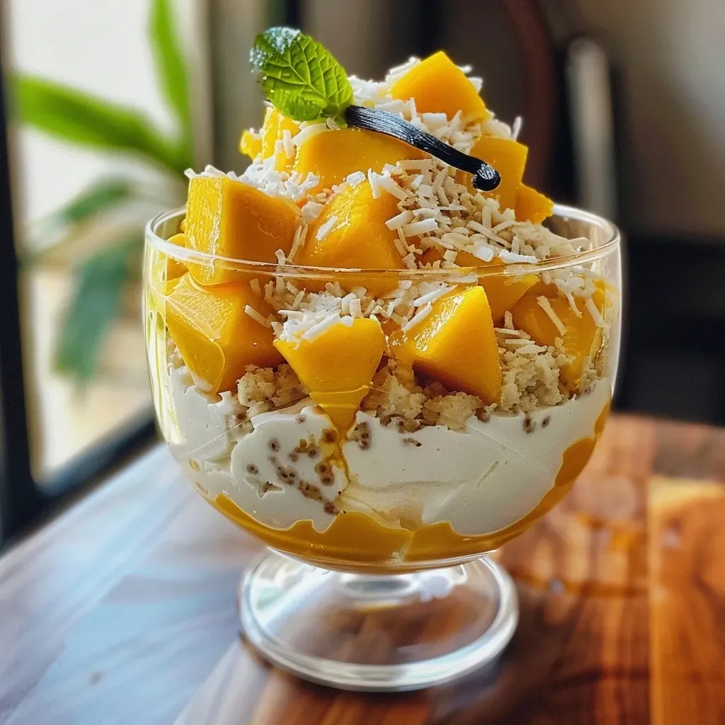 ['Close-up view of a mango and cottage cheese parfait layered with cookie crumbs.', 'Side view of a parfait featuring mango chunks, cottage cheese, and cookie crumble.', 'Colorful parfait containing layers of cottage cheese, diced mango, and a crumbly topping.', 'Delicious cottage cheese parfait with mango and cookie crumbs in a clear glass.']