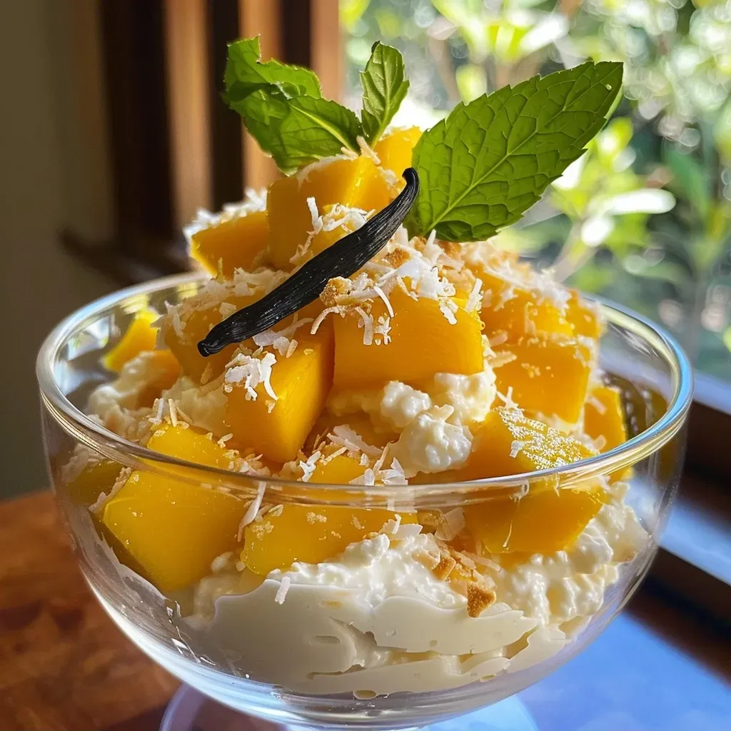 ['Close-up view of a mango and cottage cheese parfait layered with cookie crumbs.', 'Side view of a parfait featuring mango chunks, cottage cheese, and cookie crumble.', 'Colorful parfait containing layers of cottage cheese, diced mango, and a crumbly topping.', 'Delicious cottage cheese parfait with mango and cookie crumbs in a clear glass.']