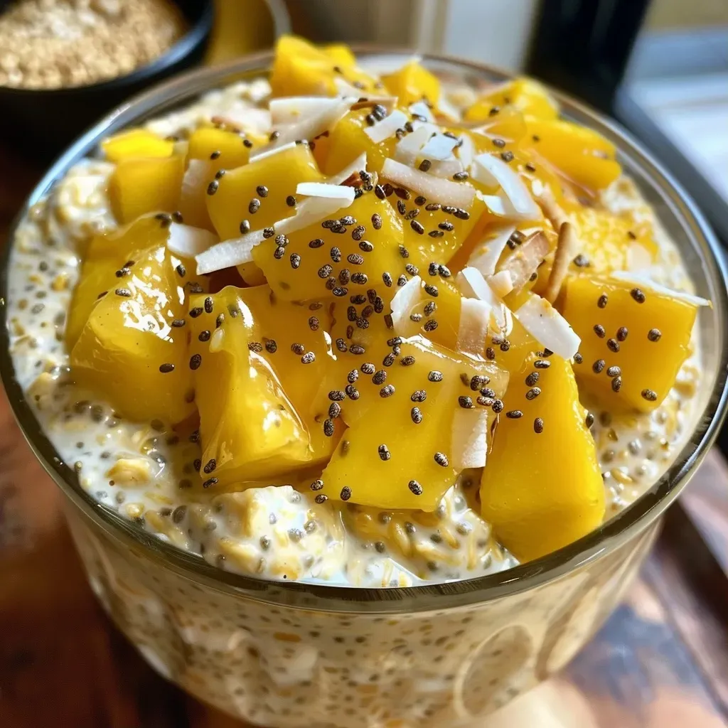 ['Close-up of Mango Overnight Oats in a clear glass bowl, showcasing layers of oats, mango, and granola.', 'Side view of a colorful serving of Mango Overnight Oats with visible chunks of mango and almond butter.', 'Detailed view of Mango Overnight Oats topped with fresh mango and a sprinkle of granola.', 'Healthy Mango Overnight Oats displayed in a jar, highlighting ingredients like oats, yogurt, and chia seeds.']