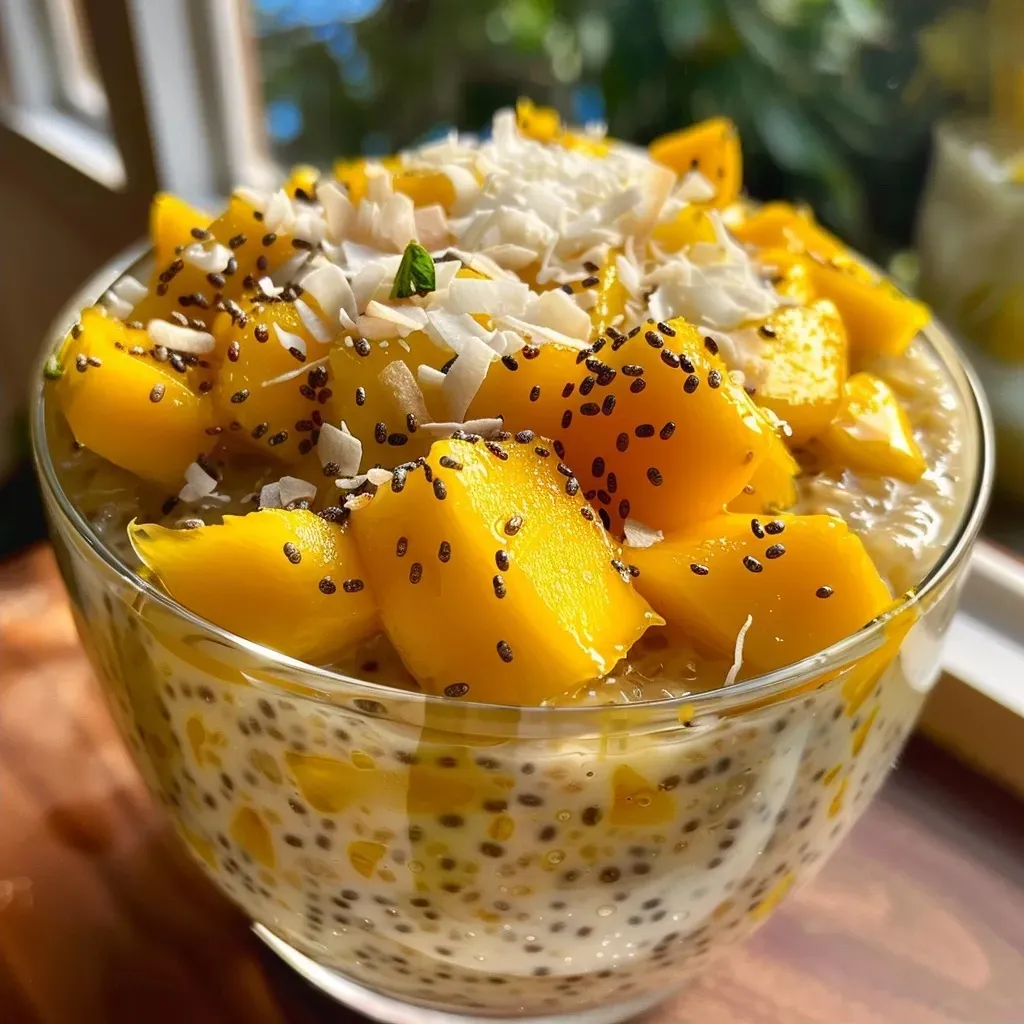 ['Close-up side view of a bowl of Mango Overnight Oats topped with fresh mango and coconut flakes.', 'Side view of Mango Overnight Oats in a clear glass, showcasing oats, mango chunks, and chia seeds.', 'Delicious Mango Overnight Oats with a creamy texture, garnished with toasted coconut and extra mango pieces.', 'Vibrant Mango Overnight Oats with layers of oats, mango, and coconut, captured in a side-angle shot.']