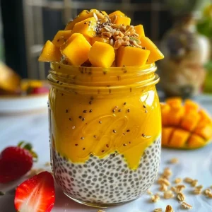 ['Close-up of Mango & Turmeric Chia Jars layered with fresh mango and strawberries.', 'Side view of a colorful Mango & Turmeric Chia Jar showcasing vibrant fruits and chia seeds.', 'Detail of a chia jar filled with mango, turmeric, and yogurt, topped with granola and strawberries.', 'Overflowing Mango & Turmeric Chia Jar displaying fresh fruit and creamy yogurt layers.']
