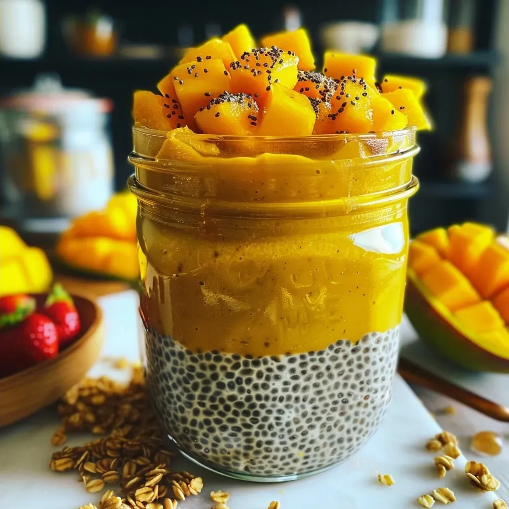 ['Close-up of Mango & Turmeric Chia Jars layered with fresh mango and strawberries.', 'Side view of a colorful Mango & Turmeric Chia Jar showcasing vibrant fruits and chia seeds.', 'Detail of a chia jar filled with mango, turmeric, and yogurt, topped with granola and strawberries.', 'Overflowing Mango & Turmeric Chia Jar displaying fresh fruit and creamy yogurt layers.']