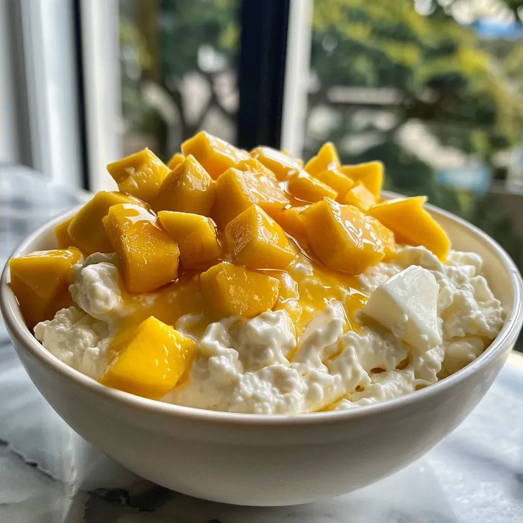['Close-up view of a bowl of Mango Whipped Cottage Cheese topped with mango pieces.', 'Side view of creamy Mango Whipped Cottage Cheese in a stylish bowl, with a bright mango garnish.', 'Textured Mango Whipped Cottage Cheese displayed in a bowl, featuring fresh mango cubes.', 'Rich and fluffy Mango Whipped Cottage Cheese captured with juicy mango chunks on top.']