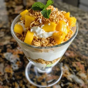 ['Close-up view of a mango yogurt parfait layered with coconut crunch.', 'Side view of a mango yogurt parfait topped with granola and fresh mint.', 'Detailed shot of a creamy yogurt parfait featuring mango and coconut flakes.', 'Colorful mango yogurt parfait with layers of yogurt, mango, and granola.']
