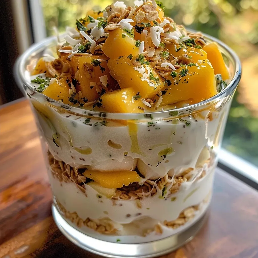 ['Close-up view of a mango yogurt parfait layered with coconut crunch.', 'Side view of a mango yogurt parfait topped with granola and fresh mint.', 'Detailed shot of a creamy yogurt parfait featuring mango and coconut flakes.', 'Colorful mango yogurt parfait with layers of yogurt, mango, and granola.']