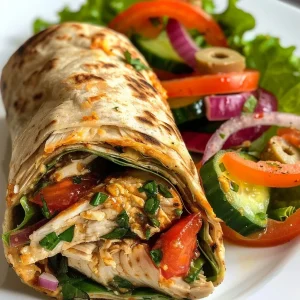 ['A close-up side view of a Mediterranean Chicken Wrap filled with colorful vegetables and chicken.', 'Juicy Mediterranean Chicken Wrap with sliced cucumbers, red onions, and olives, displayed on a wooden surface.', 'A vibrant Mediterranean Chicken Wrap featuring fresh ingredients, wrapped in a whole-wheat tortilla.', 'A delicious Mediterranean Chicken Wrap showcasing layers of chicken and veggies, garnished with herbs.']