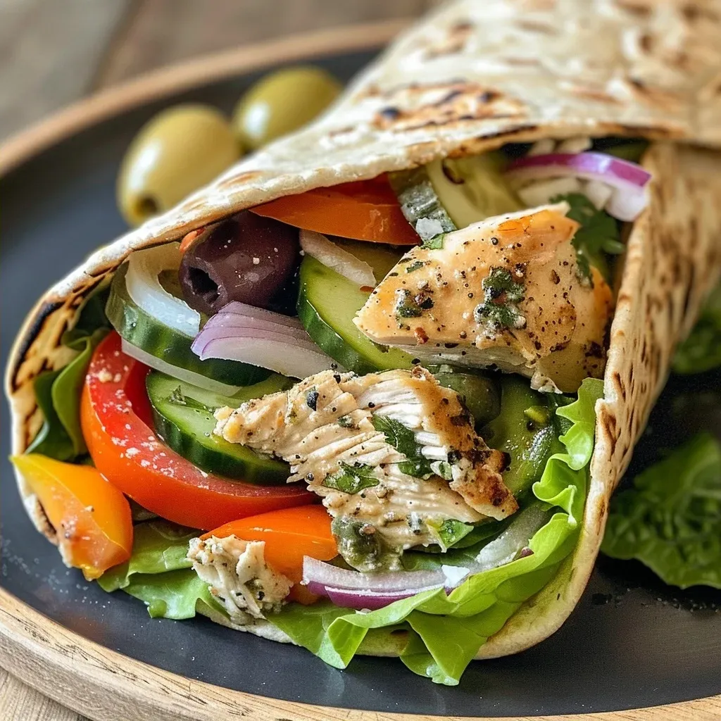 ['A close-up side view of a Mediterranean Chicken Wrap filled with colorful vegetables and chicken.', 'Juicy Mediterranean Chicken Wrap with sliced cucumbers, red onions, and olives, displayed on a wooden surface.', 'A vibrant Mediterranean Chicken Wrap featuring fresh ingredients, wrapped in a whole-wheat tortilla.', 'A delicious Mediterranean Chicken Wrap showcasing layers of chicken and veggies, garnished with herbs.']