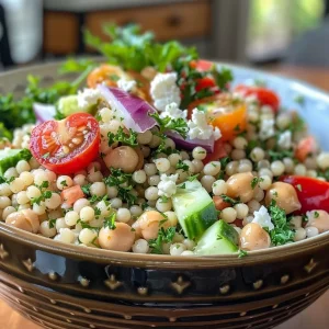 ['Close-up view of a vibrant Mediterranean Couscous Salad with feta, tomatoes, and cucumbers.', 'Colorful Mediterranean salad featuring pearl couscous, cherry tomatoes, and feta cheese.', 'A side view of a refreshing couscous salad adorned with diced vegetables and feta.', 'A detailed look at Mediterranean Couscous Salad with mixed ingredients including chickpeas and herbs.']