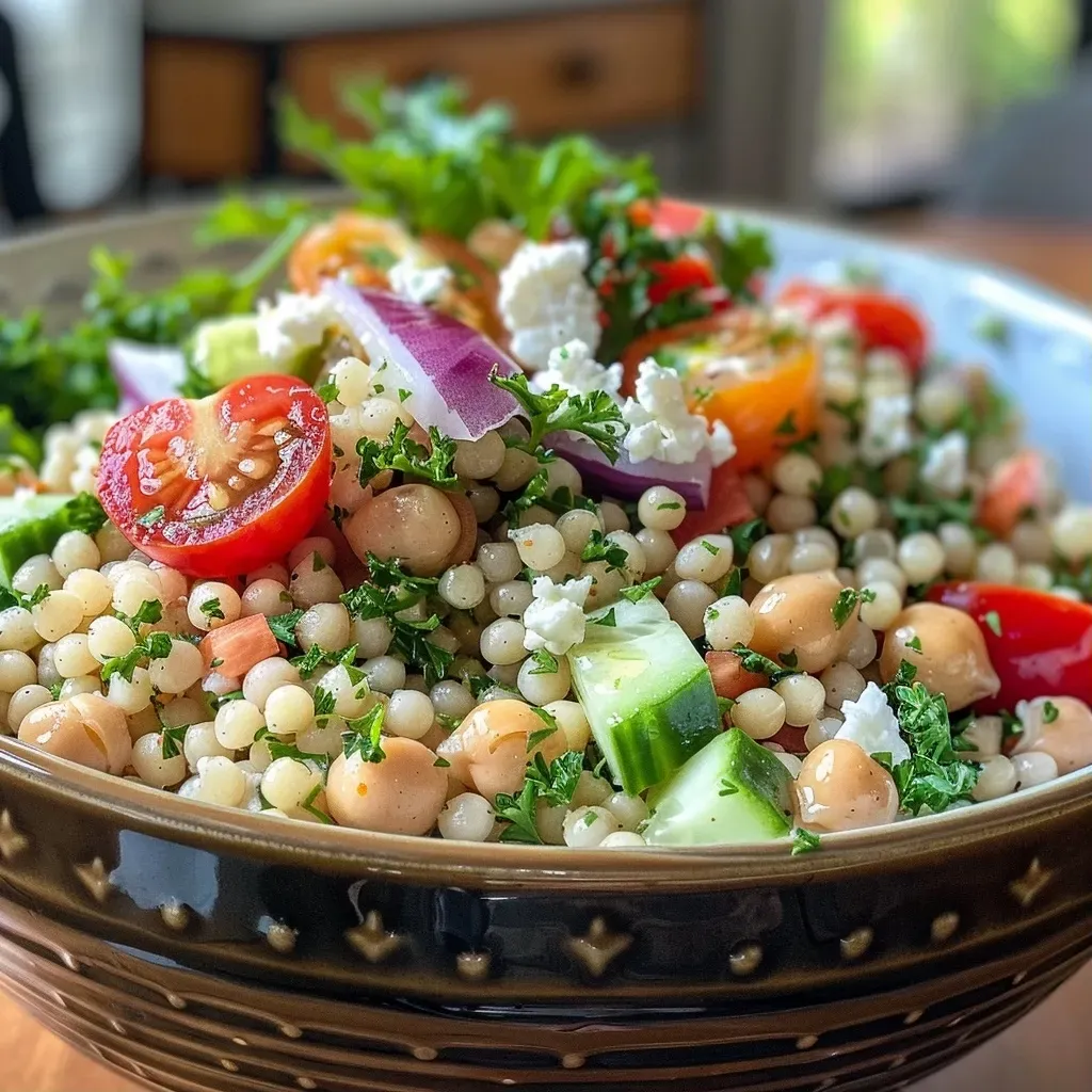 ['Close-up view of a vibrant Mediterranean Couscous Salad with feta, tomatoes, and cucumbers.', 'Colorful Mediterranean salad featuring pearl couscous, cherry tomatoes, and feta cheese.', 'A side view of a refreshing couscous salad adorned with diced vegetables and feta.', 'A detailed look at Mediterranean Couscous Salad with mixed ingredients including chickpeas and herbs.']