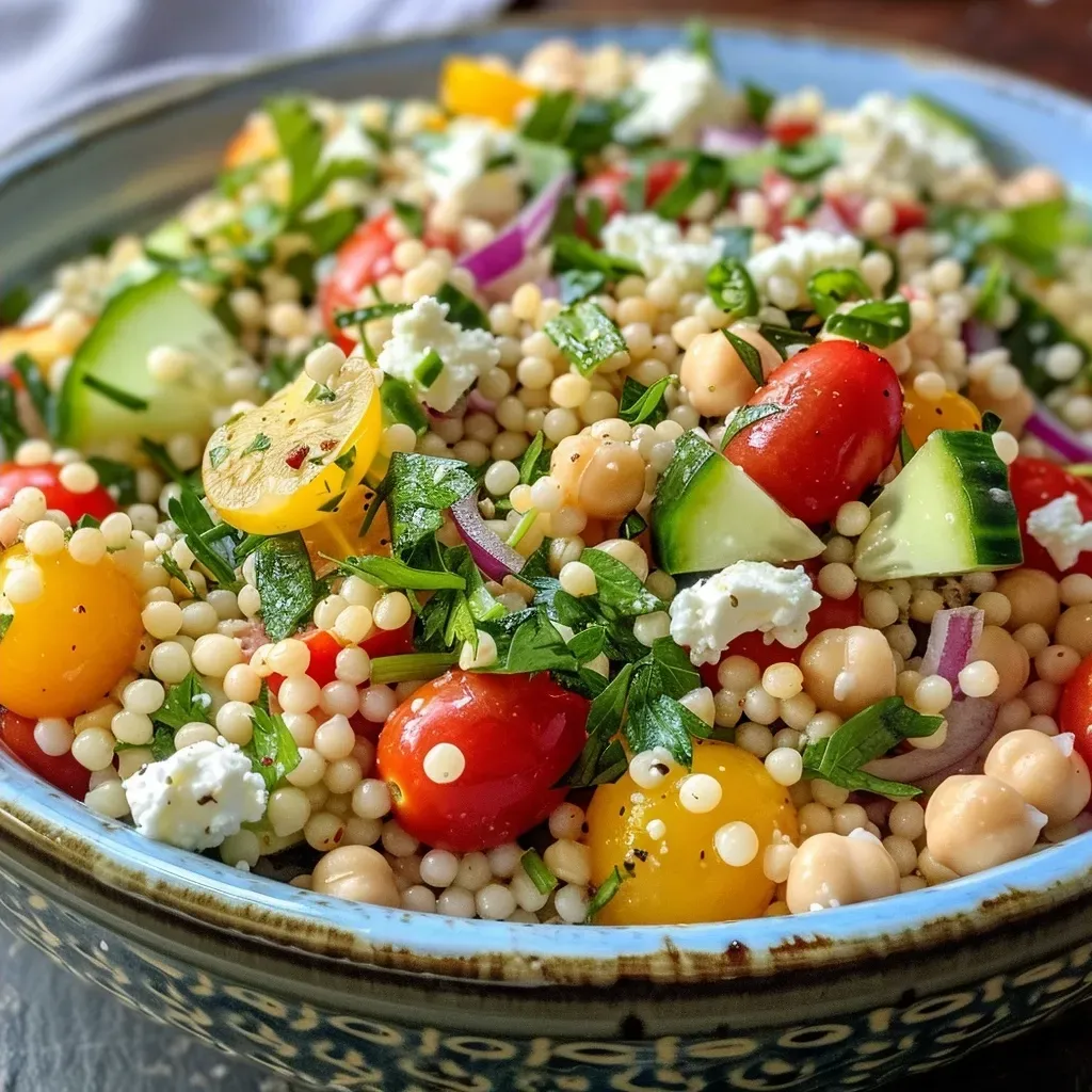 ['Close-up view of a vibrant Mediterranean Couscous Salad with feta, tomatoes, and cucumbers.', 'Colorful Mediterranean salad featuring pearl couscous, cherry tomatoes, and feta cheese.', 'A side view of a refreshing couscous salad adorned with diced vegetables and feta.', 'A detailed look at Mediterranean Couscous Salad with mixed ingredients including chickpeas and herbs.']