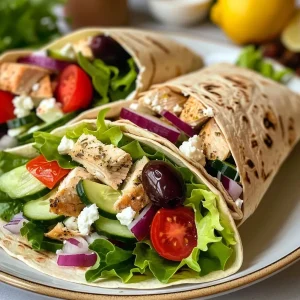 Close-up view of Mediterranean Greek chicken wraps filled with fresh ingredients.