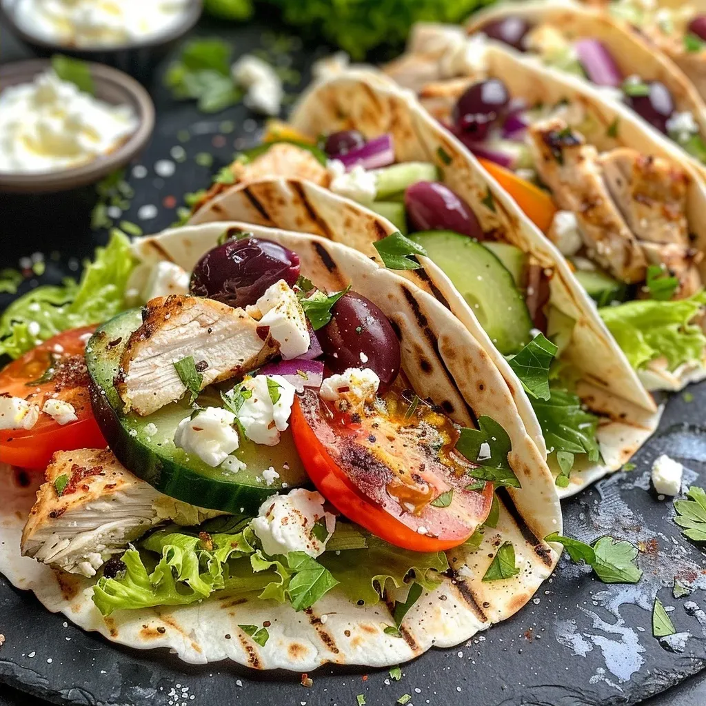 Close-up view of Mediterranean Greek chicken wraps filled with fresh ingredients.