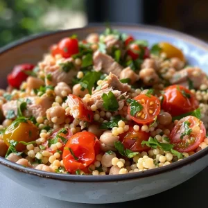['Close-up side view of a Mediterranean Tuna Couscous Bowl featuring vibrant ingredients.', 'A colorful bowl of Mediterranean Tuna Couscous with fresh vegetables and herbs.', 'Side view showcasing a healthy Mediterranean Tuna Couscous Bowl, packed with nutrients.', 'Detailed look at a Mediterranean-style bowl filled with tuna, couscous, and mixed veggies.']