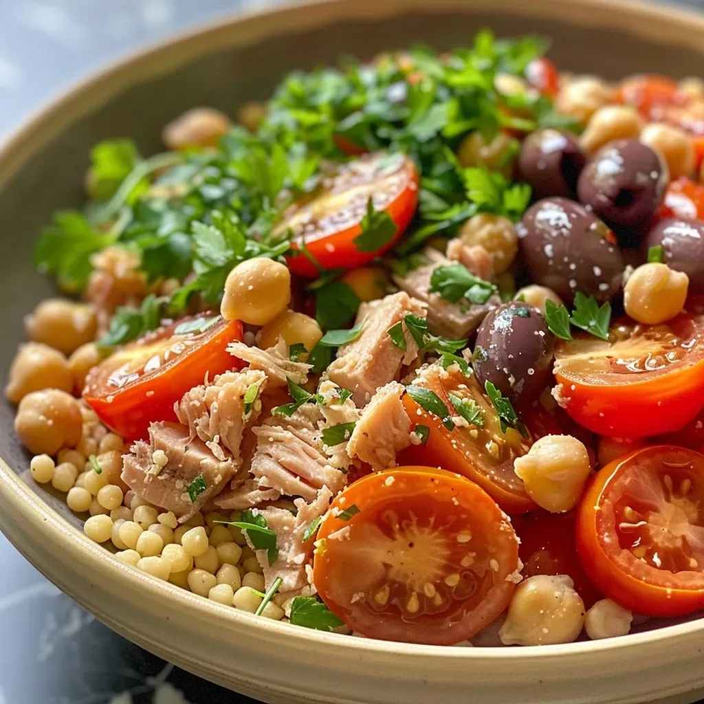 ['Close-up side view of a Mediterranean Tuna Couscous Bowl featuring vibrant ingredients.', 'A colorful bowl of Mediterranean Tuna Couscous with fresh vegetables and herbs.', 'Side view showcasing a healthy Mediterranean Tuna Couscous Bowl, packed with nutrients.', 'Detailed look at a Mediterranean-style bowl filled with tuna, couscous, and mixed veggies.']