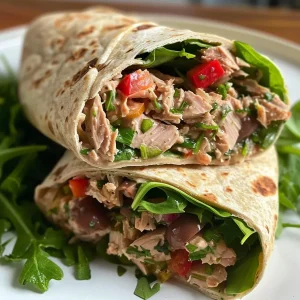 ['Close-up view of a Mediterranean Tuna Wrap showcasing vibrant ingredients.', 'Side view of a juicy Mediterranean Tuna Wrap filled with fresh vegetables and tuna.', 'Detailed shot of a Mediterranean Tuna Wrap featuring colorful toppings and a soft wrap.', 'Fresh Mediterranean Tuna Wrap with visible layers of tuna, olives, and arugula.']