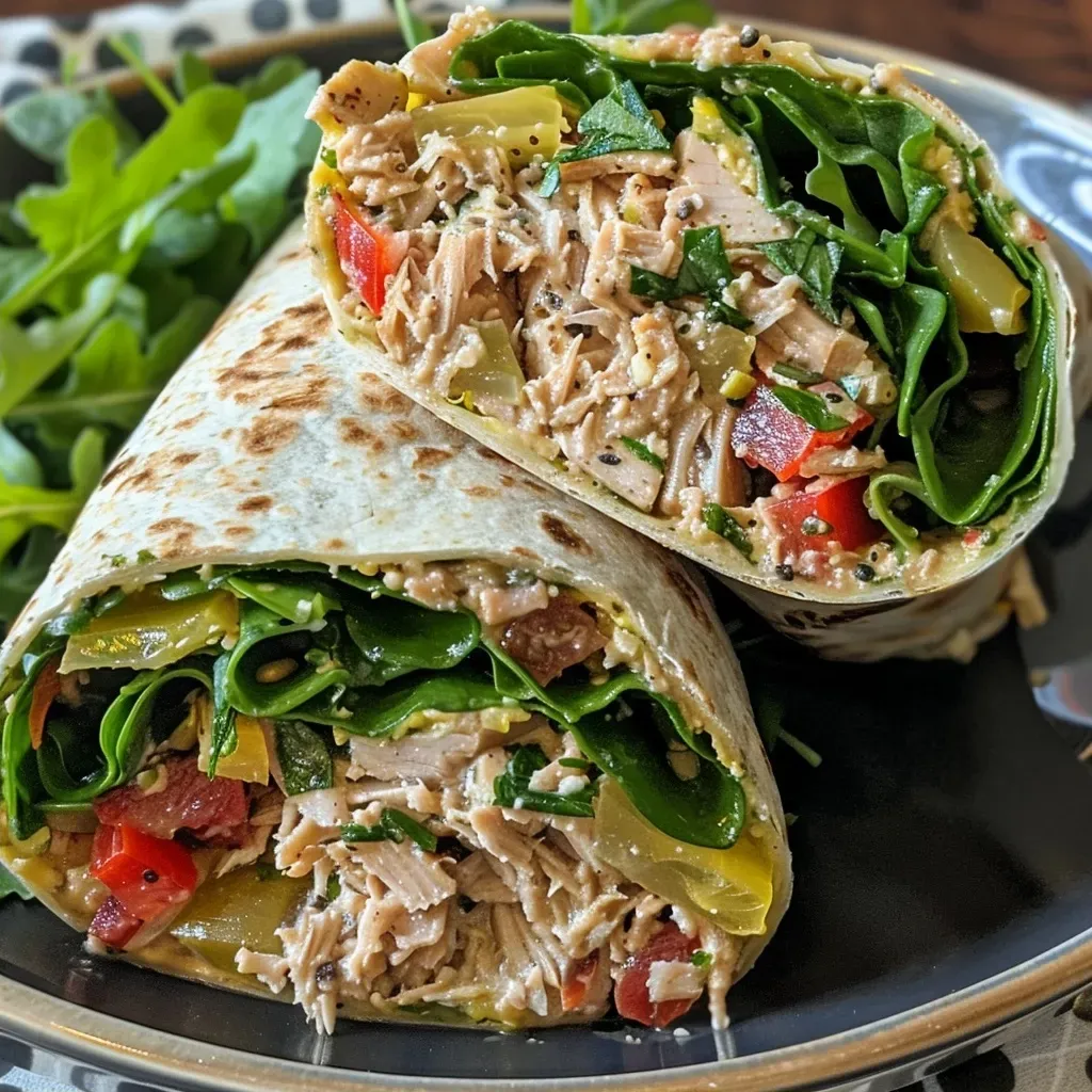 ['Close-up view of a Mediterranean Tuna Wrap showcasing vibrant ingredients.', 'Side view of a juicy Mediterranean Tuna Wrap filled with fresh vegetables and tuna.', 'Detailed shot of a Mediterranean Tuna Wrap featuring colorful toppings and a soft wrap.', 'Fresh Mediterranean Tuna Wrap with visible layers of tuna, olives, and arugula.']