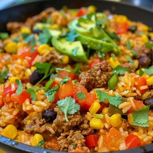['Close-up of a juicy Mexican Beef and Rice Skillet in a black bowl, topped with avocado and cherry tomatoes.', 'A vibrant Mexican Beef and Rice Skillet featuring ground beef, rice, and colorful veggies, served in a dish.', 'Side view of a hearty Mexican Beef and Rice Skillet garnished with cilantro and lime, showcasing the textures of the ingredients.', 'An appetizing Mexican Beef and Rice Skillet with visible layers of rice, beans, and spices, topped with fresh herbs.']