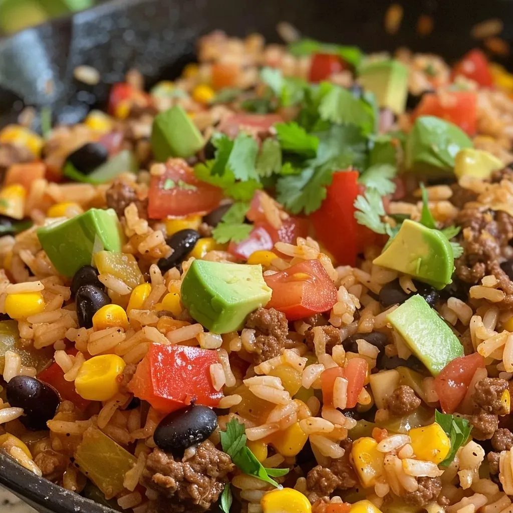 ['Close-up of a juicy Mexican Beef and Rice Skillet in a black bowl, topped with avocado and cherry tomatoes.', 'A vibrant Mexican Beef and Rice Skillet featuring ground beef, rice, and colorful veggies, served in a dish.', 'Side view of a hearty Mexican Beef and Rice Skillet garnished with cilantro and lime, showcasing the textures of the ingredients.', 'An appetizing Mexican Beef and Rice Skillet with visible layers of rice, beans, and spices, topped with fresh herbs.']