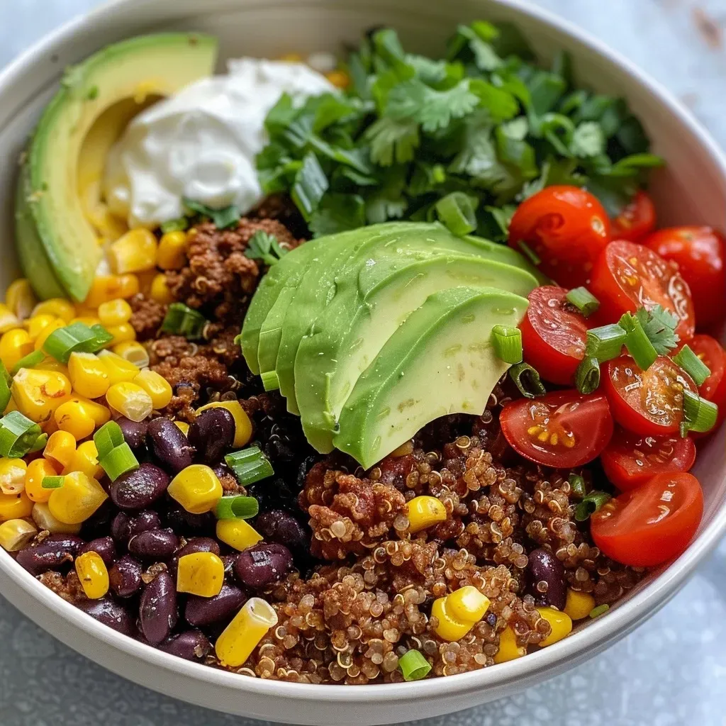 ['A close-up view of a colorful taco bowl filled with ground beef, quinoa, corn, tomatoes, and garnished with avocado and cilantro.', 'A vibrant taco bowl showcasing layers of seasoned ground beef, quinoa, black beans, and fresh toppings like cheese and green onions.', 'A side view of a delicious taco bowl featuring juicy ground beef, quinoa, corn, and an array of toppings including salsa and lime.', 'A beautifully arranged taco bowl filled with ground beef, quinoa, cherry tomatoes, and garnished with cilantro and lime wedges.']