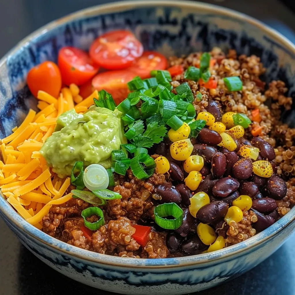 ['A close-up view of a colorful taco bowl filled with ground beef, quinoa, corn, tomatoes, and garnished with avocado and cilantro.', 'A vibrant taco bowl showcasing layers of seasoned ground beef, quinoa, black beans, and fresh toppings like cheese and green onions.', 'A side view of a delicious taco bowl featuring juicy ground beef, quinoa, corn, and an array of toppings including salsa and lime.', 'A beautifully arranged taco bowl filled with ground beef, quinoa, cherry tomatoes, and garnished with cilantro and lime wedges.']