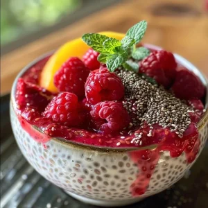 ['Vibrant Mini Raspberry Peach Chia Seed Pudding in a clear glass jar, topped with fresh raspberries and peach slices.', 'Close-up view of a colorful Mini Raspberry Peach Chia Seed Pudding with layers of chia seeds, raspberries, and diced peaches.', 'Side view of a small glass filled with Mini Raspberry Peach Chia Seed Pudding, showcasing a creamy texture and fruity toppings.', 'A nutritious Mini Raspberry Peach Chia Seed Pudding in a jar, decorated with fresh berries and peach pieces.']