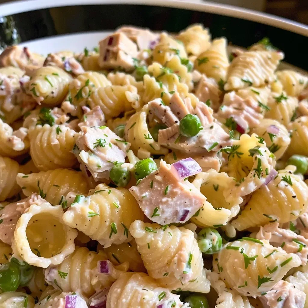['Close-up view of a colorful tuna pasta salad with shells, peas, and vegetables.', 'Side view of a delicious bowl of Old Fashioned Tuna Pasta Salad showcasing its creamy texture.', 'Vibrant tuna pasta salad featuring medium pasta shells, peas, and diced vegetables.', 'Close-up shot of a hearty tuna pasta salad with mayo, Greek yogurt, and fresh herbs.']