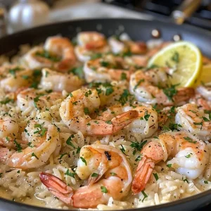 ['Close-up of creamy shrimp dish with lemon and herbs on a plate.', 'Juicy shrimp sautéed in a creamy sauce served over white rice.', 'One-pan meal featuring large shrimp, herbs, and lemon with a creamy texture.', 'Side view of shrimp dish garnished with parsley, served with rice.']