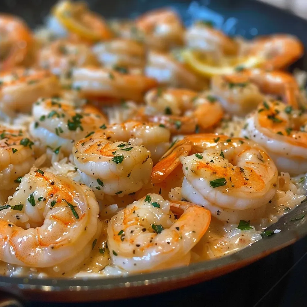 ['Close-up of creamy shrimp dish with lemon and herbs on a plate.', 'Juicy shrimp sautéed in a creamy sauce served over white rice.', 'One-pan meal featuring large shrimp, herbs, and lemon with a creamy texture.', 'Side view of shrimp dish garnished with parsley, served with rice.']
