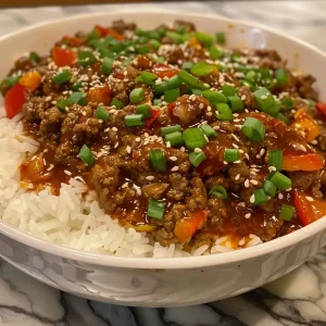 ['Close-up of One-Pan Sticky Sweet Chili Beef and Rice with colorful bell peppers and glossy sauce.', 'Juicy ground beef and jasmine rice coated in sweet chili sauce, garnished with diced bell peppers.', 'Side view of a vibrant bowl of beef and rice, showcasing the rich textures and colors of the dish.', 'Lush, shiny One-Pan Sticky Sweet Chili Beef and Rice, featuring minced garlic and ginger in the mix.']