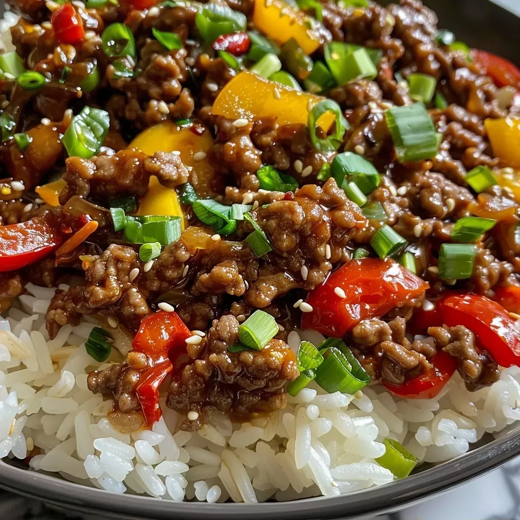 ['Close-up of One-Pan Sticky Sweet Chili Beef and Rice with colorful bell peppers and glossy sauce.', 'Juicy ground beef and jasmine rice coated in sweet chili sauce, garnished with diced bell peppers.', 'Side view of a vibrant bowl of beef and rice, showcasing the rich textures and colors of the dish.', 'Lush, shiny One-Pan Sticky Sweet Chili Beef and Rice, featuring minced garlic and ginger in the mix.']