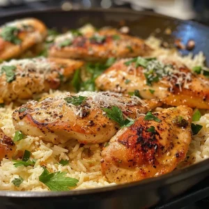 ['Close-up view of a plate featuring One Pan Stovetop Parmesan Chicken and Rice.', 'Juicy chicken breast served over rice, topped with parmesan and parsley.', 'One pot meal of chicken and rice with creamy sauce in a side view.', 'Delicious stovetop chicken and rice dish, garnished with chopped parsley.']