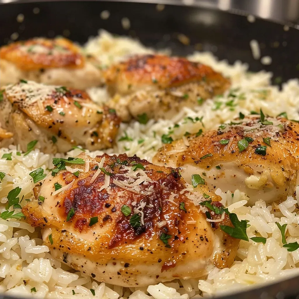 ['Close-up view of a plate featuring One Pan Stovetop Parmesan Chicken and Rice.', 'Juicy chicken breast served over rice, topped with parmesan and parsley.', 'One pot meal of chicken and rice with creamy sauce in a side view.', 'Delicious stovetop chicken and rice dish, garnished with chopped parsley.']